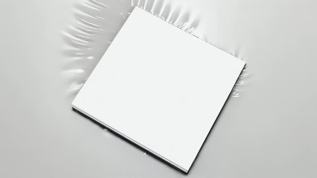 A blank white square stack of paper lays on a gray crinkled background, casting shadows