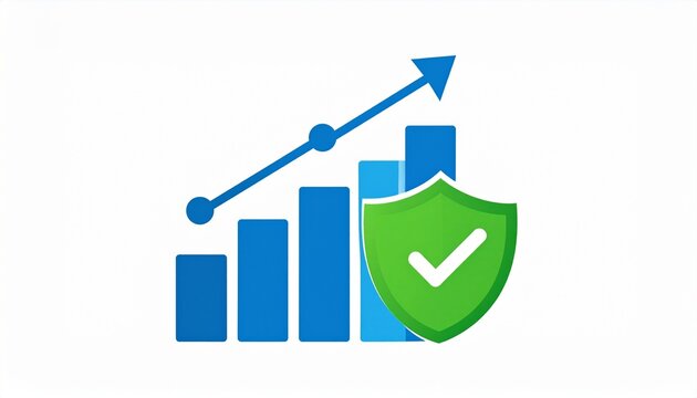 Stylized graphic of data growth and security with bar chart, line graph, and shield checkmark icon in blue tones. Symbol of analytics and protection.