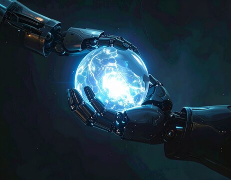 Close-up of robotic hand holding a luminous sphere symbolizing AI power and innovation, futuristic background with soft light, no humans.