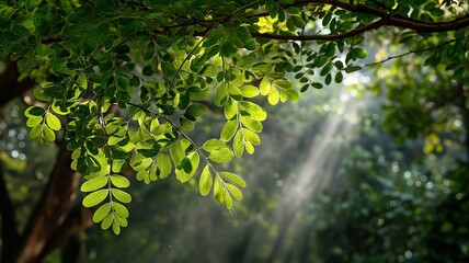 Overhanging branches of a moringa tree in a subtropical area with abundant sunshine filtering through luxuriant foliage
