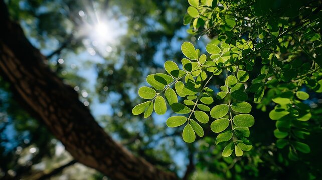 Overhanging branches of a moringa tree in a subtropical area with abundant sunshine filtering through luxuriant foliage