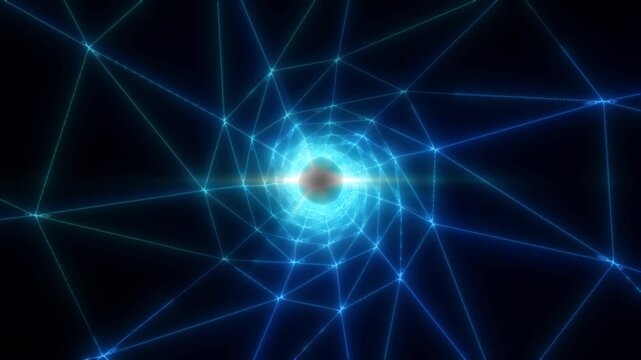 Glowing blue geometric grid tunnel forming a luminous pathway into a bright digital core, isolated on white background