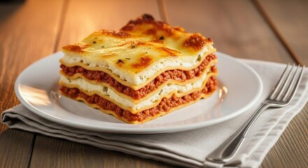 Lasagna slice with visible layers of cheese and meat sauce, table styled with fork and napkin