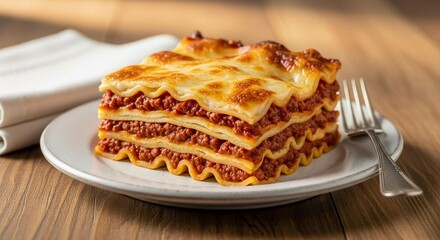 Lasagna slice with visible layers of cheese and meat sauce, table styled with fork and napkin
