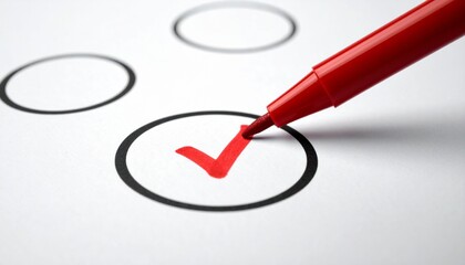 Red marker ticks a circle on paper, symbolizing selection or task completion in a checklist or survey format.
