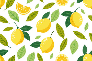 Seamless Lemon Pattern with Blue Ribbon and Leaves &ndash; Citrus Fruit Decorative Design