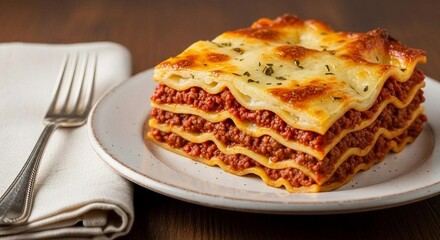 Lasagna slice with visible layers of cheese and meat sauce, table styled with fork and napkin