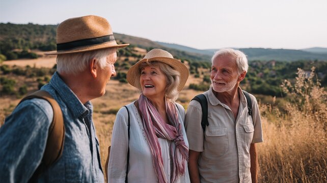 Seniors speaking while hanging out in the outdoors. Freedom, active senior living sports, and travel sports.