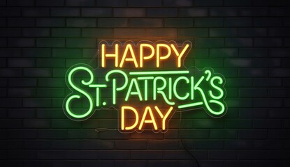 Vibrant neon sign glows "Happy St. Patrick's Day" in bright green and orange against a dark brick wall, perfect for festive celebrations and promotions.