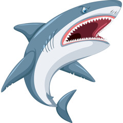 Aggressive Gray Shark With Open Mouth and Sharp Teeth Isolated on White Background Featuring Powerful Fins and Intense Blue Eyes Ready to Attack Symbolizing Danger and Ocean Predator