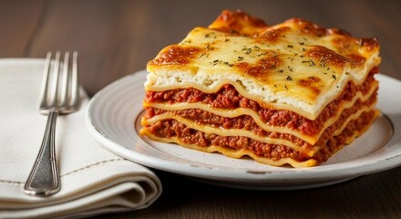 Lasagna slice with visible layers of cheese and meat sauce, table styled with fork and napkin
