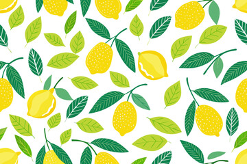 Seamless Lemon Pattern with Blue Ribbon and Leaves – Citrus Fruit Decorative Design