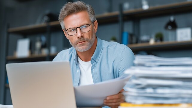 A serious mature businessman sits in his office, using a laptop computer to study reports. Concept of business and entrepreneurship difficulties