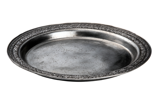 Antique ornate silver serving platter isolated on transparent background - Powered by Adobe
