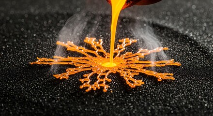 A mesmerizing display of molten orange liquid being poured to form an intricate snowflake pattern on a dark, granular surface, with steam rising from the heat