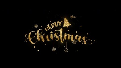 Golden merry christmas text, decorated christmas tree, shiny ornaments. Ideal for festive holiday season social media posts or greeting cards.