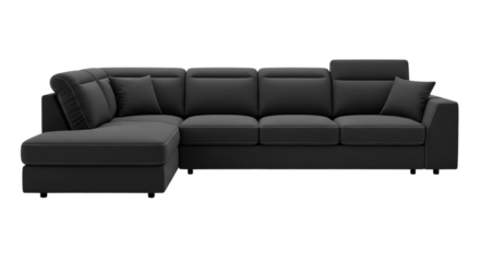 Modern dark grey l-shaped sectional sofa with plush cushions and elegant white stitching detail for contemporary living space