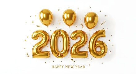 Golden balloons form 2026 numbers surrounded by confetti