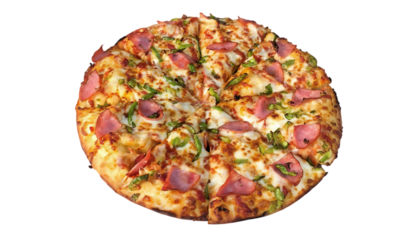 Whole Ham and Green Bell Pepper Pizza Sliced on White Background