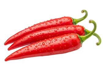 Three red chili peppers with water drops on transparent background