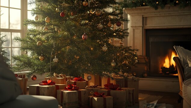 Christmas morning Sunlight gently illuminating a beautifully decorated tree with gifts, creating a warm and inviting atmosphere