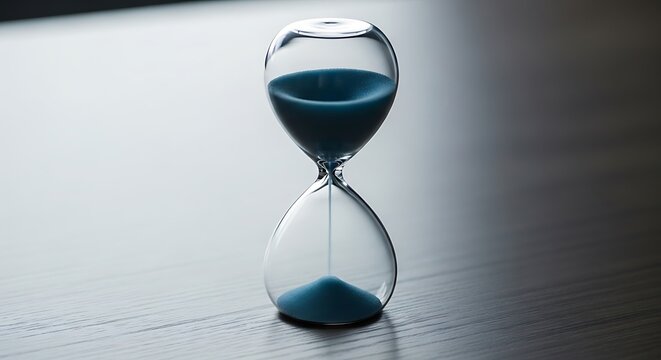 Elegant Blue Sand Hourglass on Wooden Table, Symbolizing Time's Passage, Urgency, and Measurement