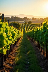 Fototapeta premium Vineyard vista with scattered wine bottles and glasses, golden hour light A sweeping, sun drenched vineyard landscape during the golden hour. Rolling hills covered in lush grapevines stretch into the