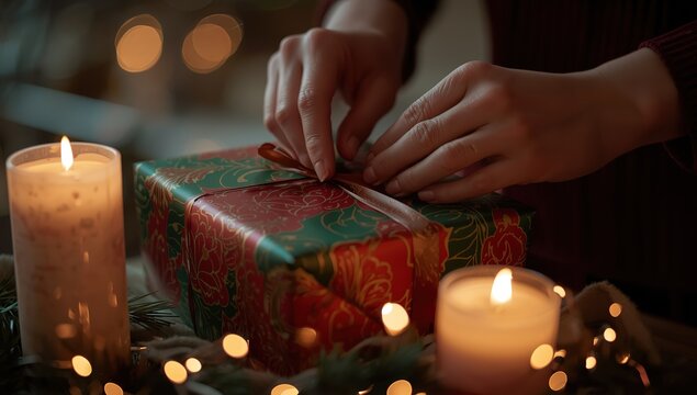 A close-up of hands wrapping a gift with festive paper and a ribbon, surrounded by warm candlelight