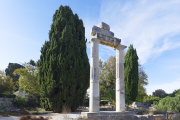 Columns, two ancient archaeological site Agora, also market quarter Agora or port district Agora, excavations from 1934-1942, Kos town, island of Kos, Dodecanese Islands, Greece, eastern Adriatic, Mediterranean