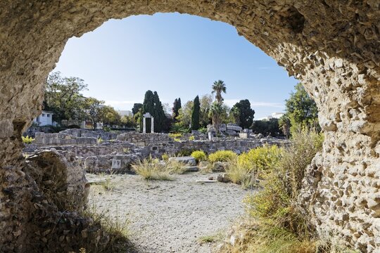 Ancient archaeological site of Agora, also market district Agora or port district Agora, excavations from 1934-1942, columns, bushes, vegetation, ruins, Kos town, island of Kos, Dodecanese Islands, Greece, eastern Adriatic, Mediterranean