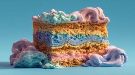 Colorful Layered Cake with Swirls of Pastel Cream and Bright Frosting on a Blue Background Ideal for Celebrations and Dessert Photography
