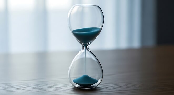 Elegant Hourglass with Blue Sand Flowing on Polished Wood, Symbolizing Time's Passage and Urgent Deadlines