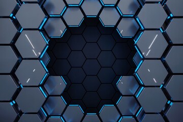 Striking hexagonal pattern with vibrant blue light accents creates a futuristic, modern digital backdrop perfect for technology and innovation themes.