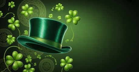 Vibrant green top hat adorned with lucky shamrocks and Celtic knotwork, perfect for St. Patrick's Day celebrations and Irish heritage themes.
