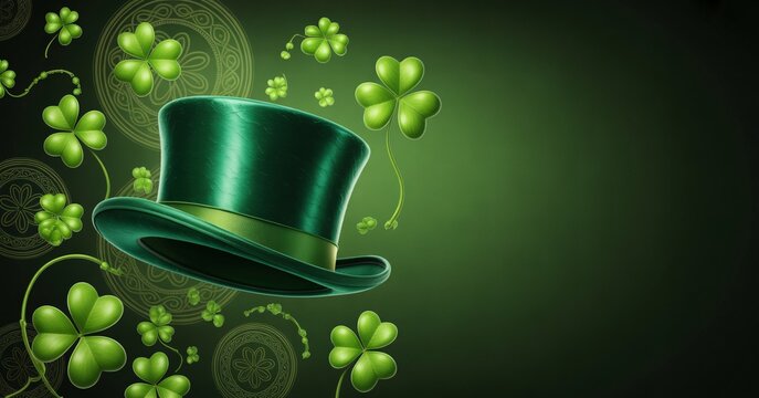 Vibrant green top hat adorned with lucky shamrocks and Celtic knotwork, perfect for St. Patrick's Day celebrations and Irish heritage themes.