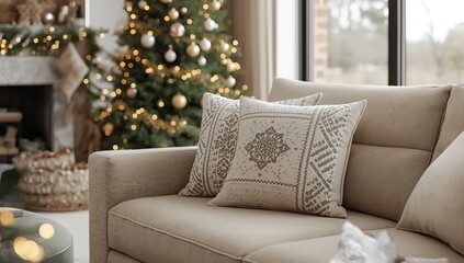 Cozy Christmas Living Room A Holiday Scene with a Sofa, Pillows, and Decorated Tree