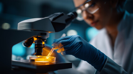 Faceless scientist preparing immunofluorescence antibody cocktail defocused confocal microscope background cellular protein localization fluorescent staining protocol advanced