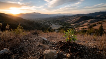 Young Green Plant Growing in Rocky Soil Against a Stunning Sunset Over Rolling Hills and Valleys in a Serene Nature Landscape