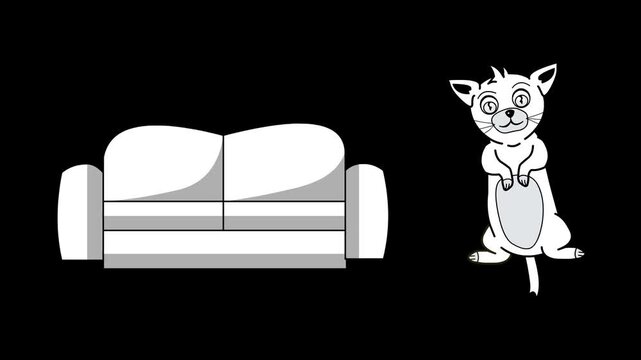 Cartoon animation of a cat and a sofa in black and white on a black background, artistic drawing..
