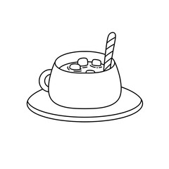 A cup of hot chocolate with marshmallows and a straw