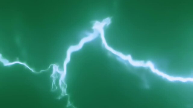 A vibrant, electric blue lightning bolt streaks across a dark green/teal background