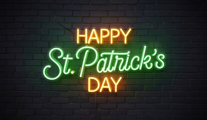 Vibrant neon sign glows 'Happy St. Patrick's Day' against a dark brick wall, perfect for festive celebrations and Irish pride.