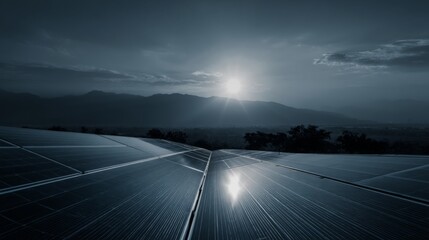 Serene Sunset Over Solar Panels With Mountains and Sky Reflected on Glass Surface in a Tranquil Landscape Setting