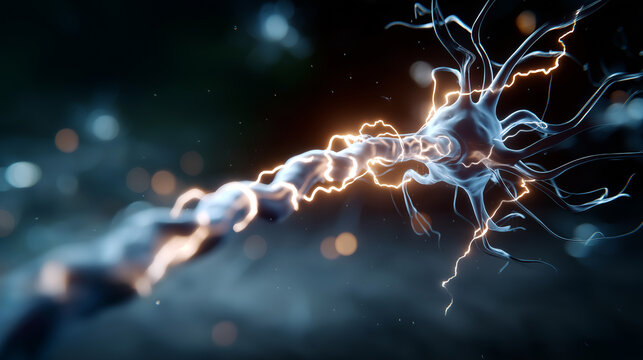 Lightning like electrical signals traveling along neuron faceless neuroscience visualization defocused patch clamp electrophysiology background action potential propagation syn