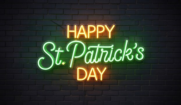 Vibrant neon sign glows 'Happy St. Patrick's Day' against a dark brick wall, perfect for festive celebrations and Irish pride.