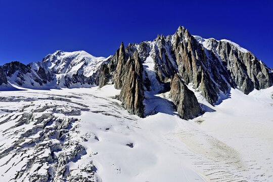 View of the mountains from the T&eacute;l&eacute;cabine Panorama Railway, Mont Blanc, Le Mont Blanc du Tacul, in the foreground the glacier du G&eacute;ant, Chamonix-Mont-Blanc, Haute-Savoie, France