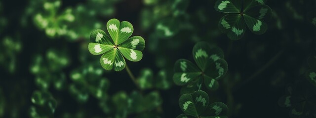 Captivating close-up of a vibrant four leaf clover surrounded by lush green foliage, symbolizing luck and prosperity for your designs.