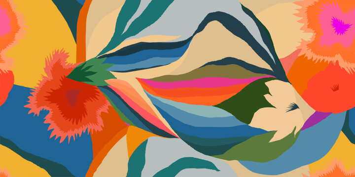 Abstract artistic floral pattern. Dynamic bright tropical print. Hand drawn unique template for design. 