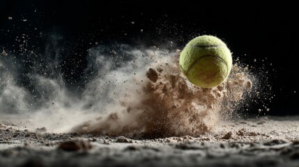 Tennis Ball in Motion with Dust Cloud on Court Surface Captured in Dynamic Action Shot for Sport and Fitness Imagery