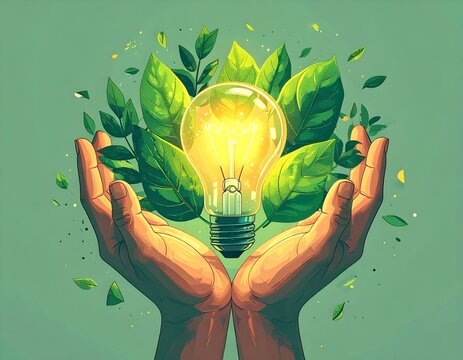 national energy conservation day eco-friendly concept with hands and lightbulb